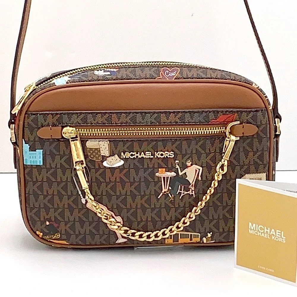MICHAEL KORS JET SET GIRLS LARGE EAST WEST ZIP PACKED CHAIN XBODY BROWN MULTI